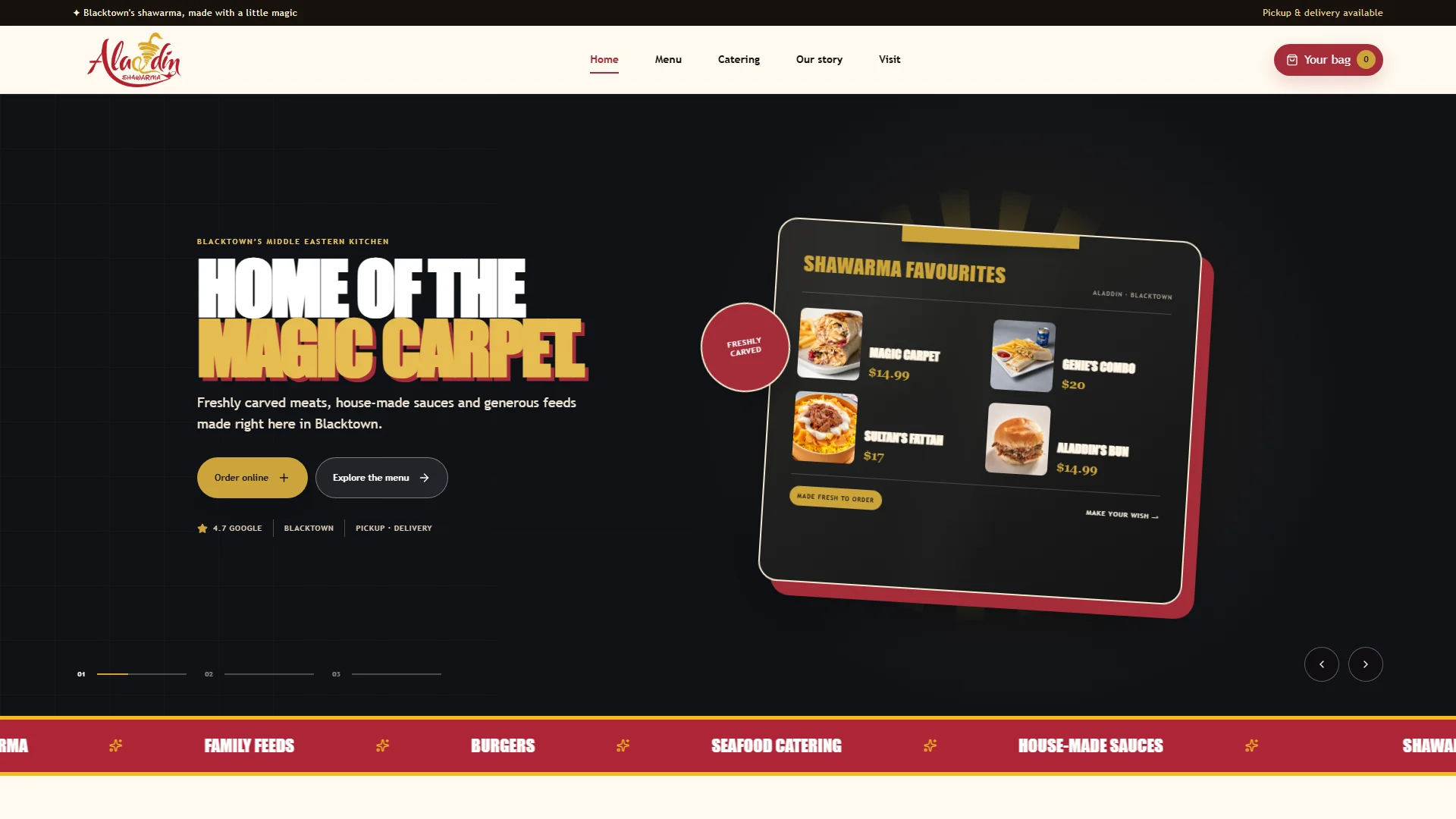 Aladdin Shawarma — Blacktown Middle-Eastern kitchen hero with menu carousel and 'Home of the Magic Carpet' headline
