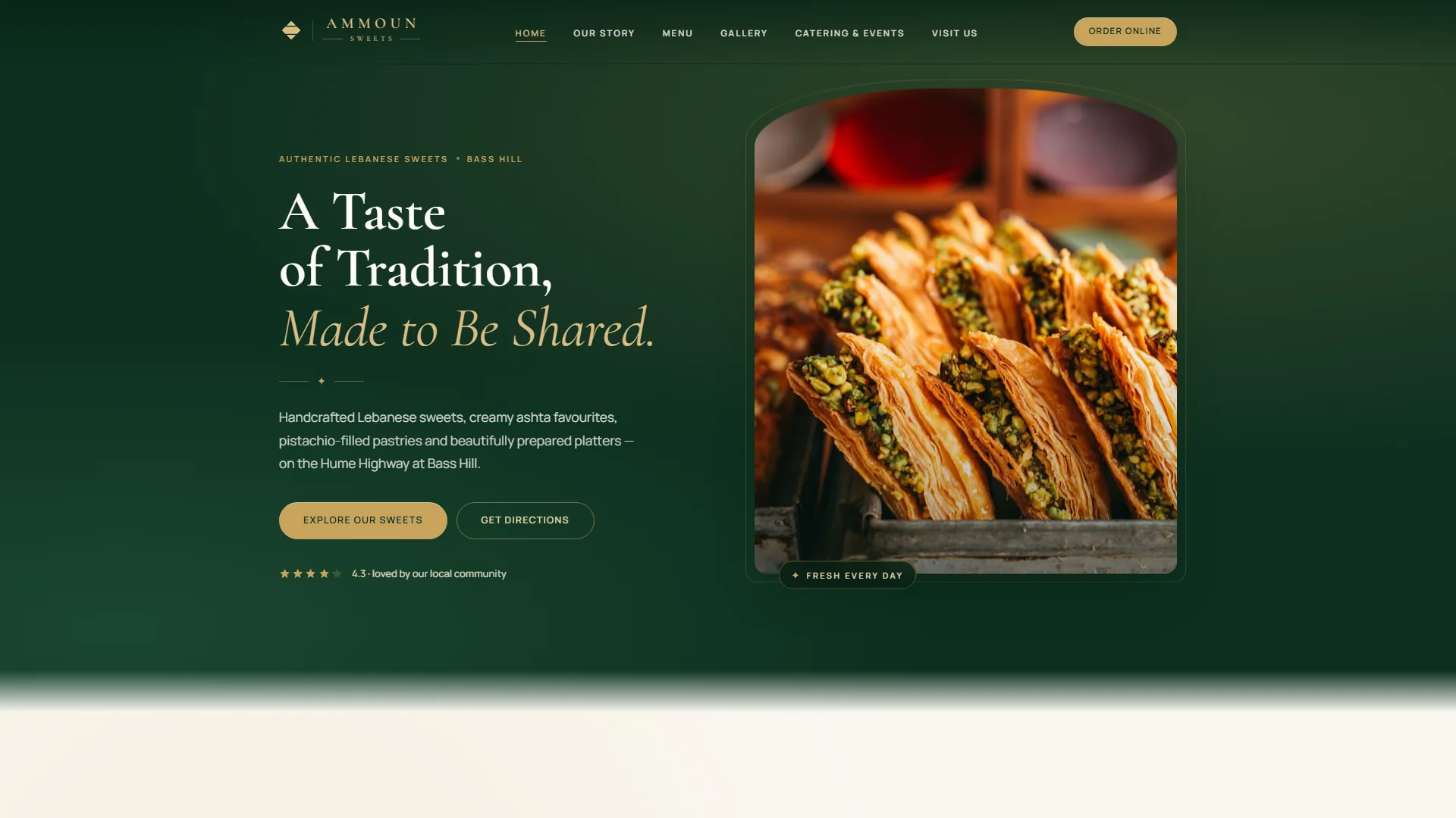 Ammoun Sweets — editorial Lebanese dessert brand, hero with arched pistachio pastry photograph