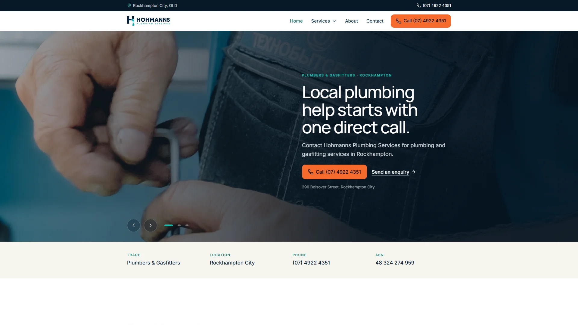 Hohmanns Plumbing Services — Rockhampton plumber & gasfitter hero with sticky call CTA
