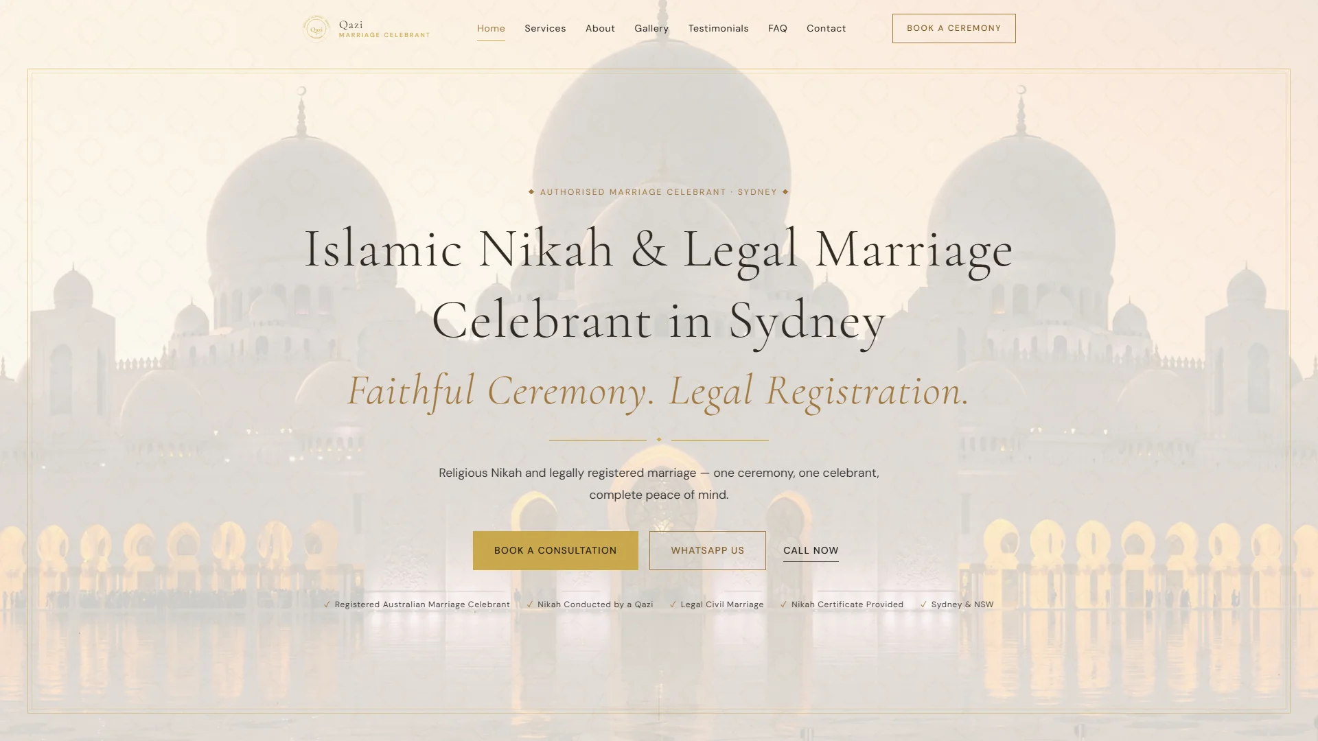 Qazi Marriage Celebrant — Sydney Islamic Nikah celebrant hero with mosque silhouette